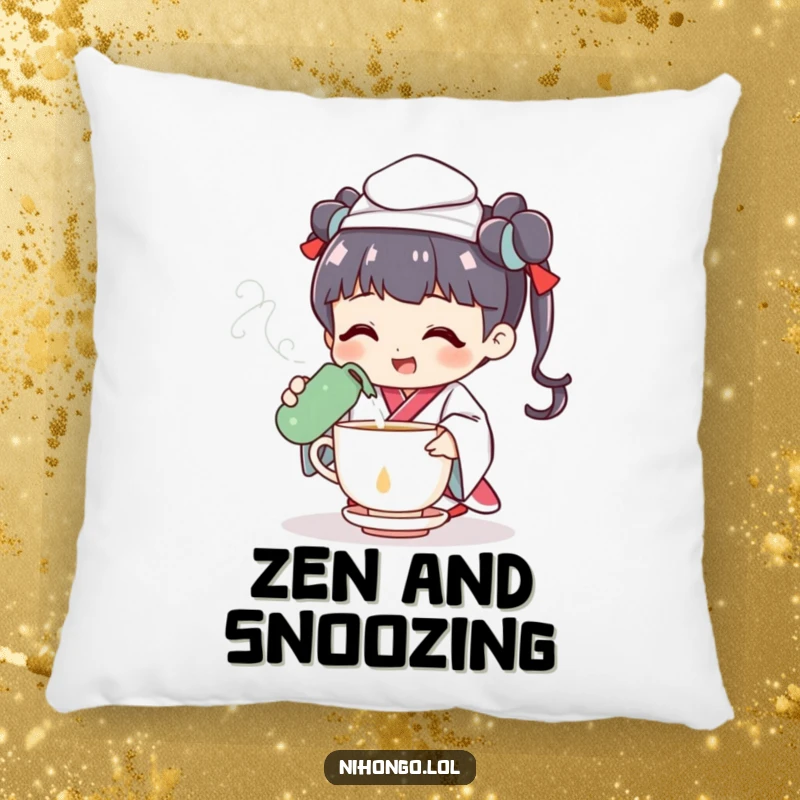 Funny pillow with a cheerful tea ceremony character pouring tea with a flourish, soft and decorative, perfect for relaxation.