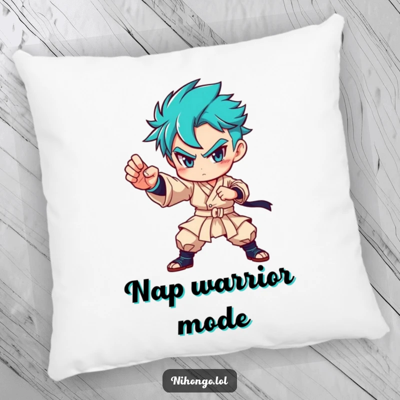 Funny pillow with a determined character in a strong martial arts pose, offering comfort and a message of strength.
