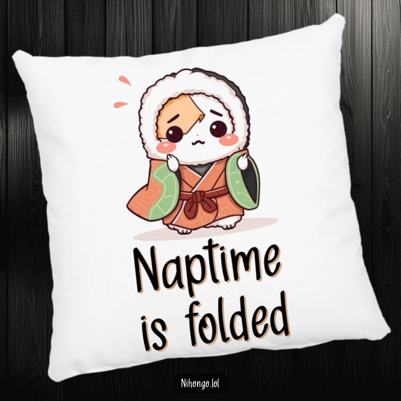 Funny pillow with a sushi roll in a kimono attempting origami, looking bewildered. Soft, humorous, and artistic decor.