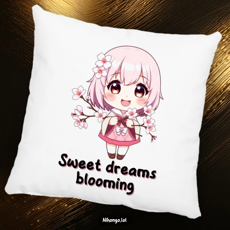 Funny pillow with a smiling character holding a blooming cherry blossom branch, adding comfort and a cheerful vibe.