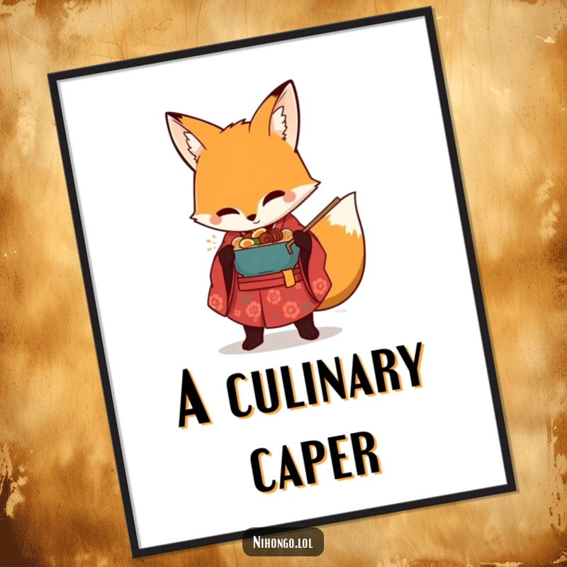 Funny downloadable digital art print of a mischievous fox in a kimono, slyly attempting to steal a bowl of ramen noodles.