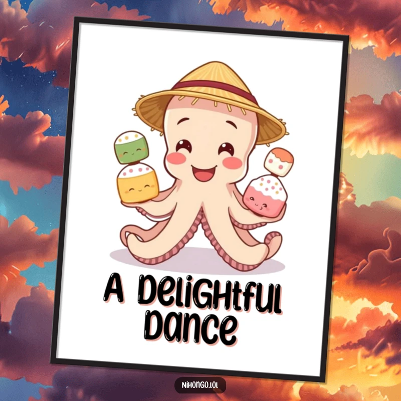 Funny downloadable digital art print of a smiling octopus wearing a straw hat, juggling three different types of mochi.