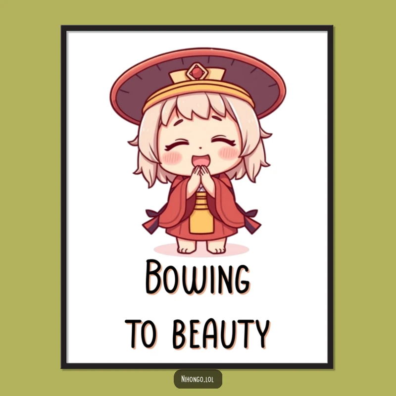 Funny Bowing Character Digital Print: Japanese Hat Art, A Welcoming Funny Gift