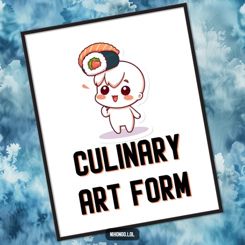 Funny digital art print of a curious character pointing with excitement at a floating sushi roll, perfect for instant wall decor.