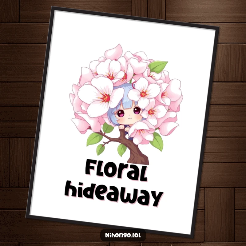 Funny peekaboo digital art print: a playful character peeks from behind giant cherry blossoms, perfect for printable decor and springtime charm.
