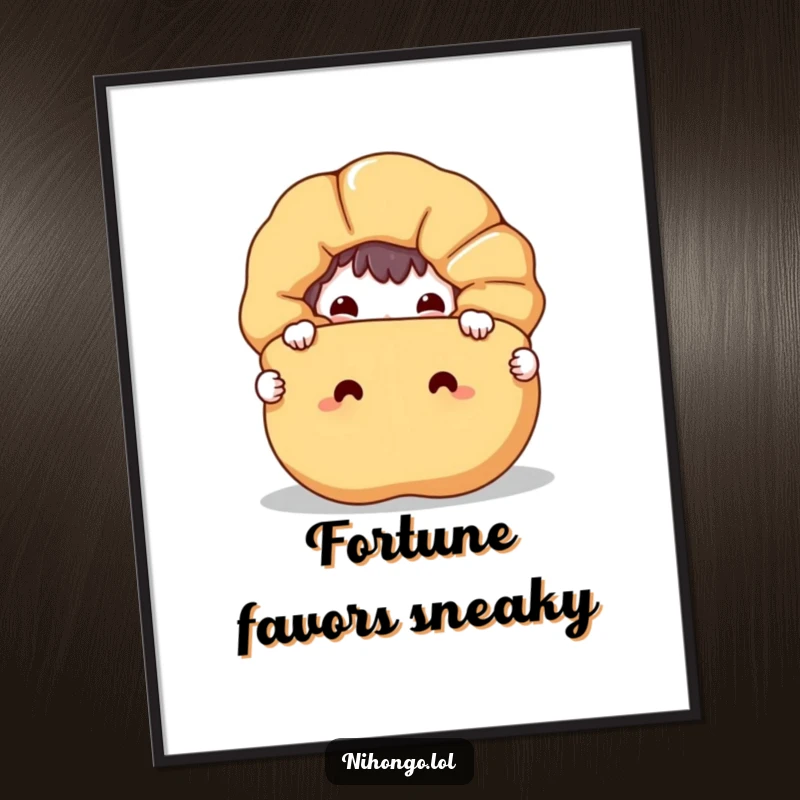 Funny digital art print of a mischievous character peeking from behind a huge, happy fortune cookie, offering instant humor.