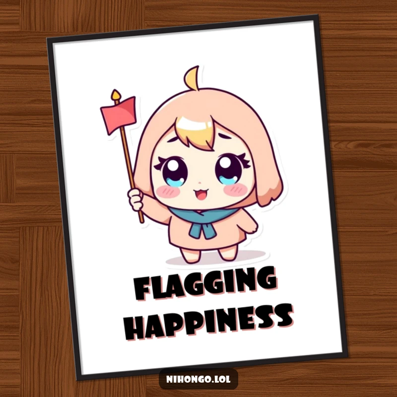 Funny digital art print of a cute character with big eyes, excitedly waving a small flag, for instant joyful decor.