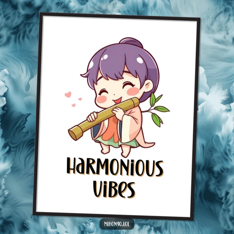 Funny cheerful character smiling, playing a bamboo flute, available as a downloadable digital art print, spreading musical happiness.