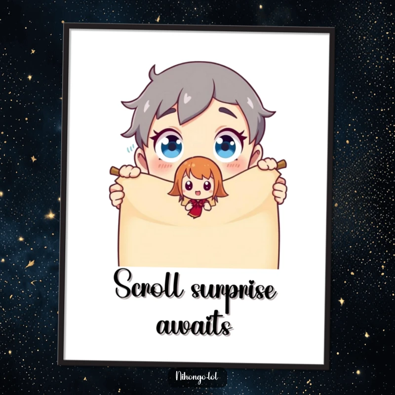 Funny Digital Art Print: A wide-eyed character’s astonished reaction to the sudden appearance of a tiny animated being from a magic scroll.