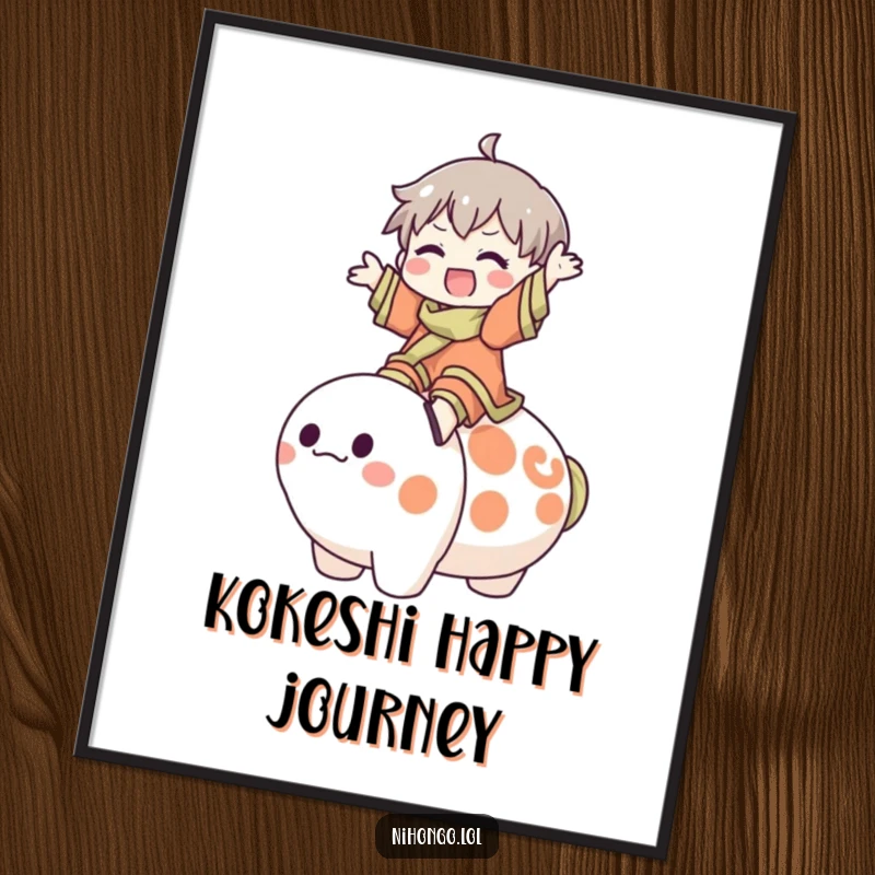 Funny Digital Art Print: A character joyfully rides a large, friendly Kokeshi doll, symbolizing pure happiness and making it a humorous wall accent.