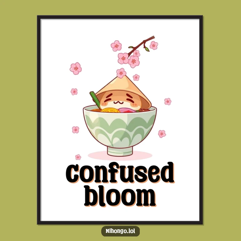 Funny Ramen Art Print: Conical Hat Bowl & Blossoms, Hilarious Whimsical Decor