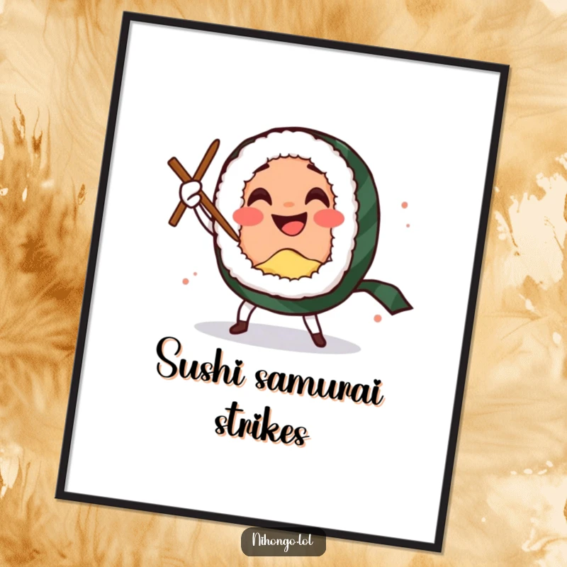 Funny digital art print of a smiling sushi roll character doing a comedic sword dance with chopsticks, full of energy.