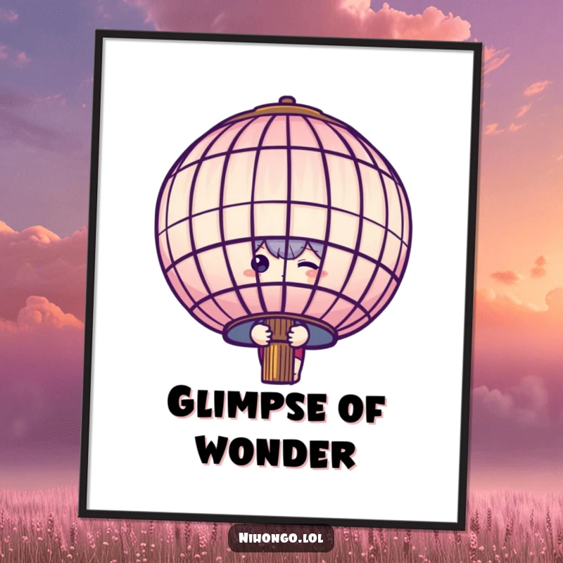 Funny shy character peeking from behind a large paper lantern, available as a downloadable digital art print, evoking gentle curiosity.