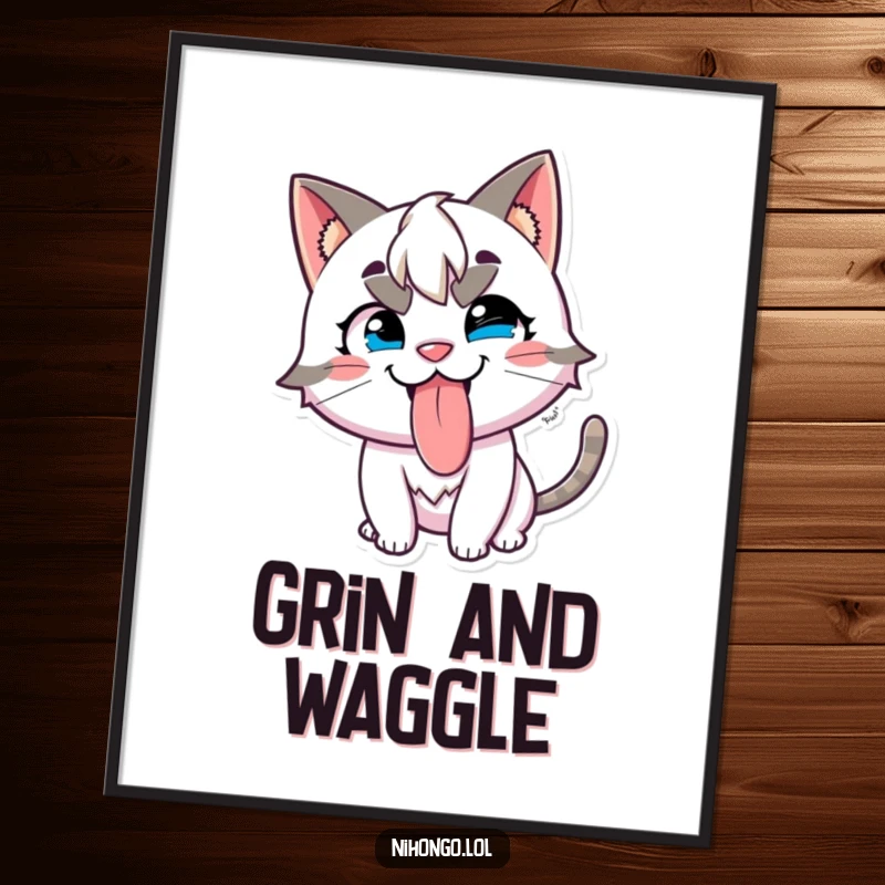 Funny digital art print of a mischievous character with cat ears, sticking its tongue out with a playful, cheeky grin.