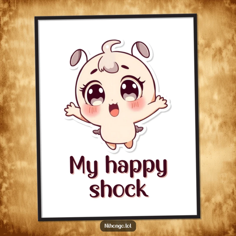 Funny digital art print of a surprised character, enormous expressive eyes, jumping with ecstatic delight, instant download.