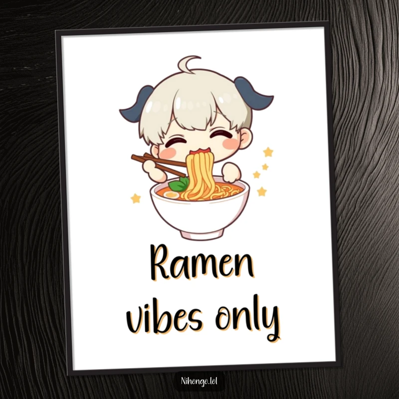 Funny Digital Art Print of a delighted character happily slurping ramen, bringing instant humor to any wall.