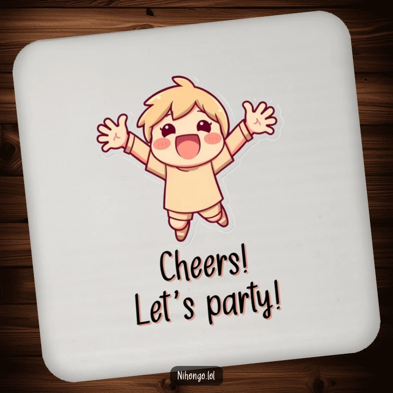 Funny drink coasters showing a character jumping with arms outstretched, adding joyful excitement and humor to surfaces.