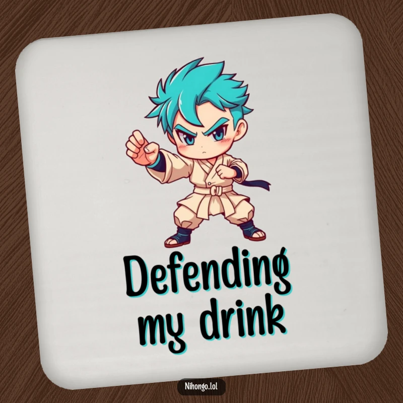 Funny drink coaster with a determined character in a strong martial arts pose, protecting surfaces with power and style.