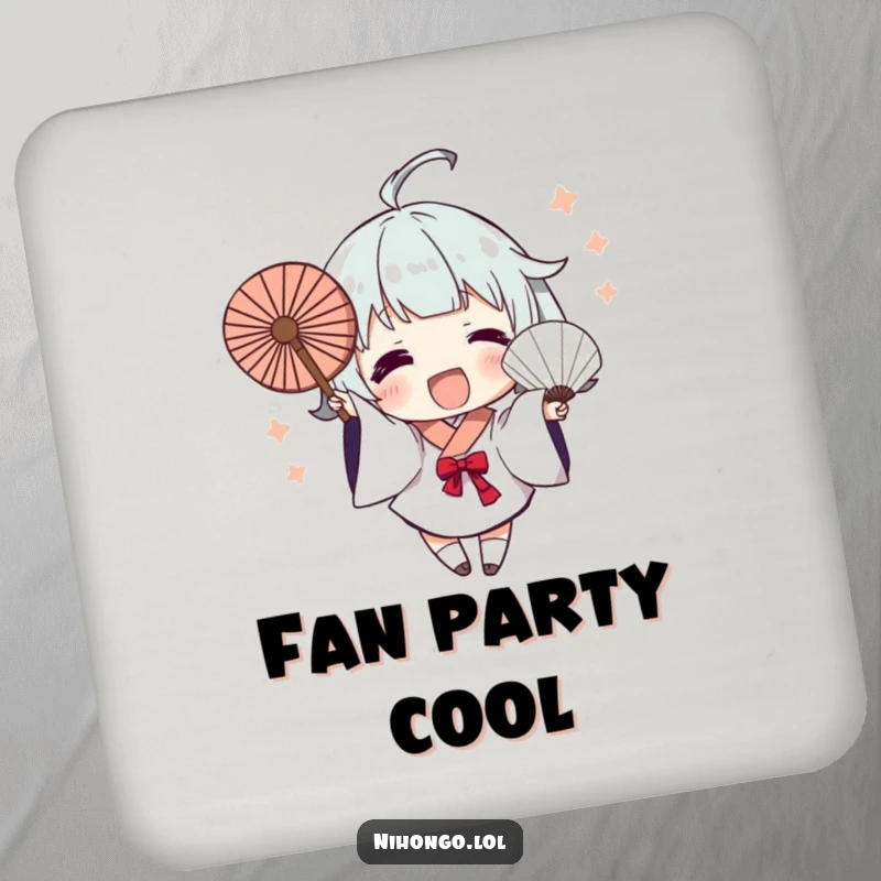 Funny Coasters: Character excitedly waves a fan with dynamic brush strokes, adding artistic energy and humor to protect your surfaces.