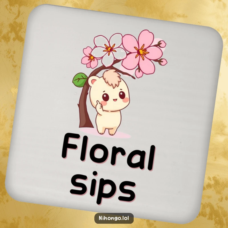 Funny Drink Coaster with a curious character pointing at a stylized cherry blossom, protecting surfaces with charm.