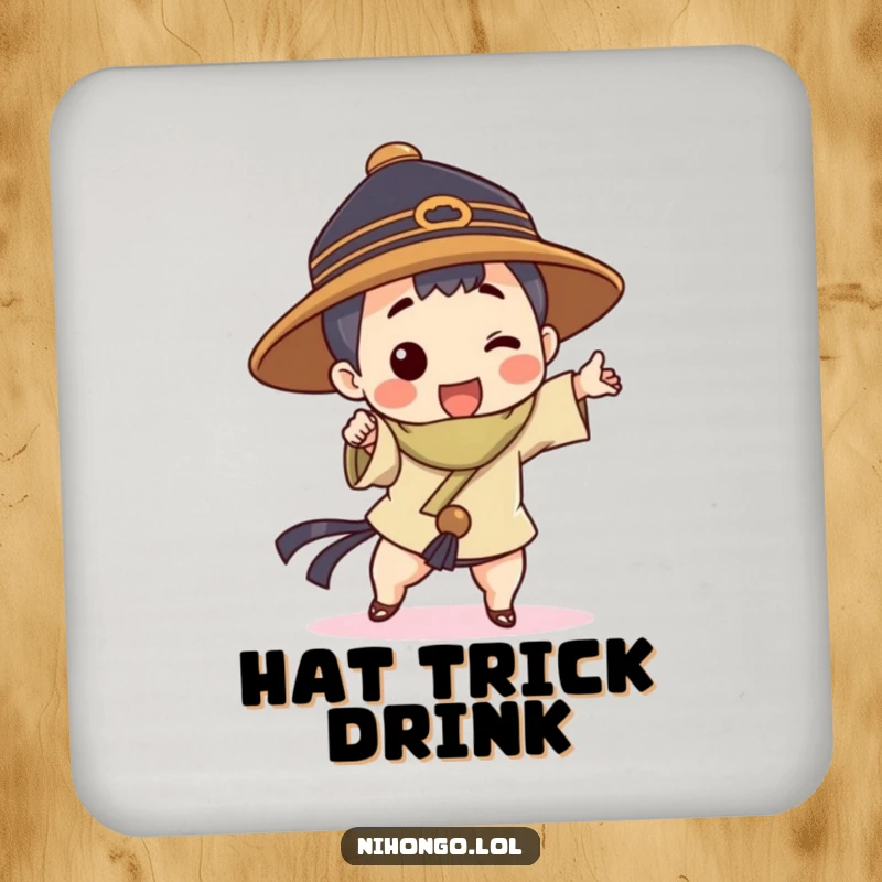 Funny drink coaster with a character in a traditional hat striking a dynamic pose, offering surface protection and humor.