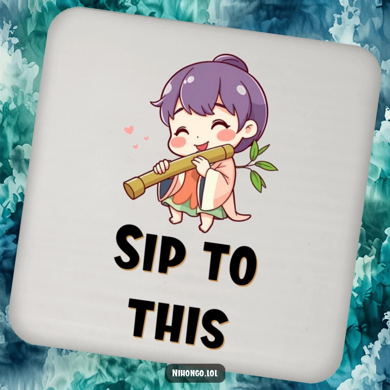 Funny cheerful character smiling, playing a bamboo flute, on a drink coaster, adds musical charm to tabletops.