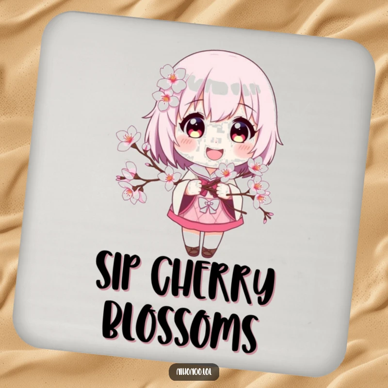 Funny drink coaster featuring a smiling character with cherry blossoms, protecting surfaces with a touch of spring.
