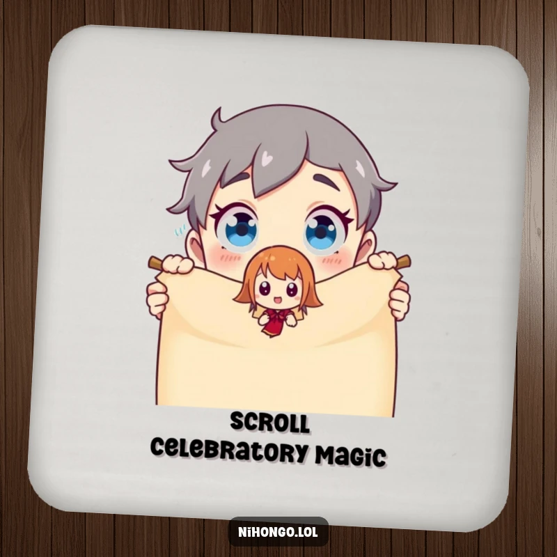 Funny Coasters: A surprised character observes a tiny animated figure emerging from a magic scroll, adding a humorous touch to drink protection.