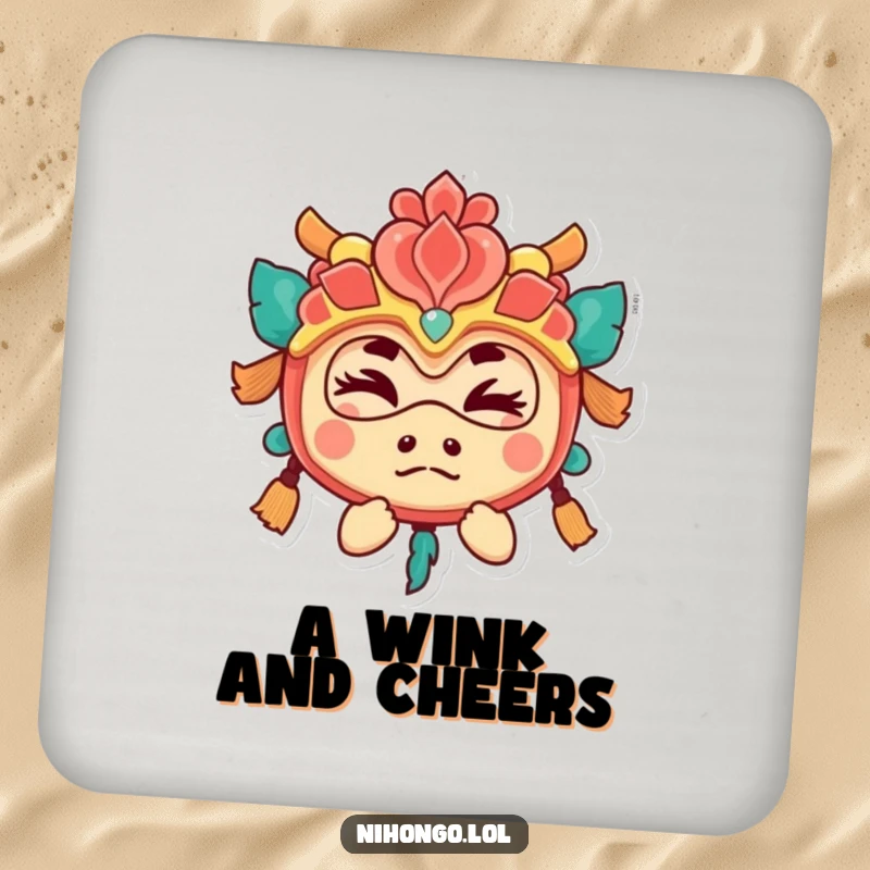 Funny drink coaster with a playful character in a festival mask giving a secret wink, stylish and protective.