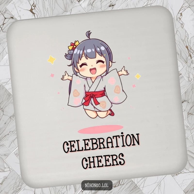 Funny drink coaster showing a character in a tiny kimono doing a joyful jump, protecting surfaces with festive flair.