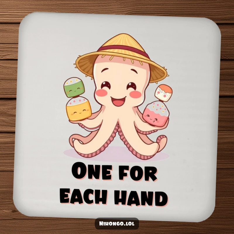 Funny drink coaster featuring a smiling octopus juggling mochi, designed to protect surfaces from drink rings.