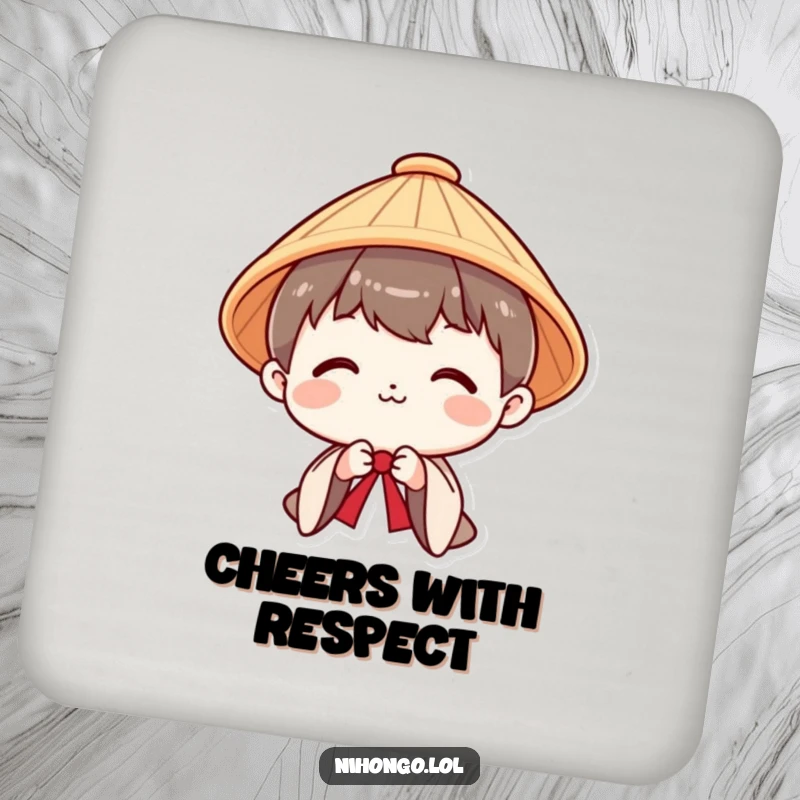 Funny drink coasters featuring a smiling character in a Japanese hat bowing politely, protecting surfaces with cultural charm.