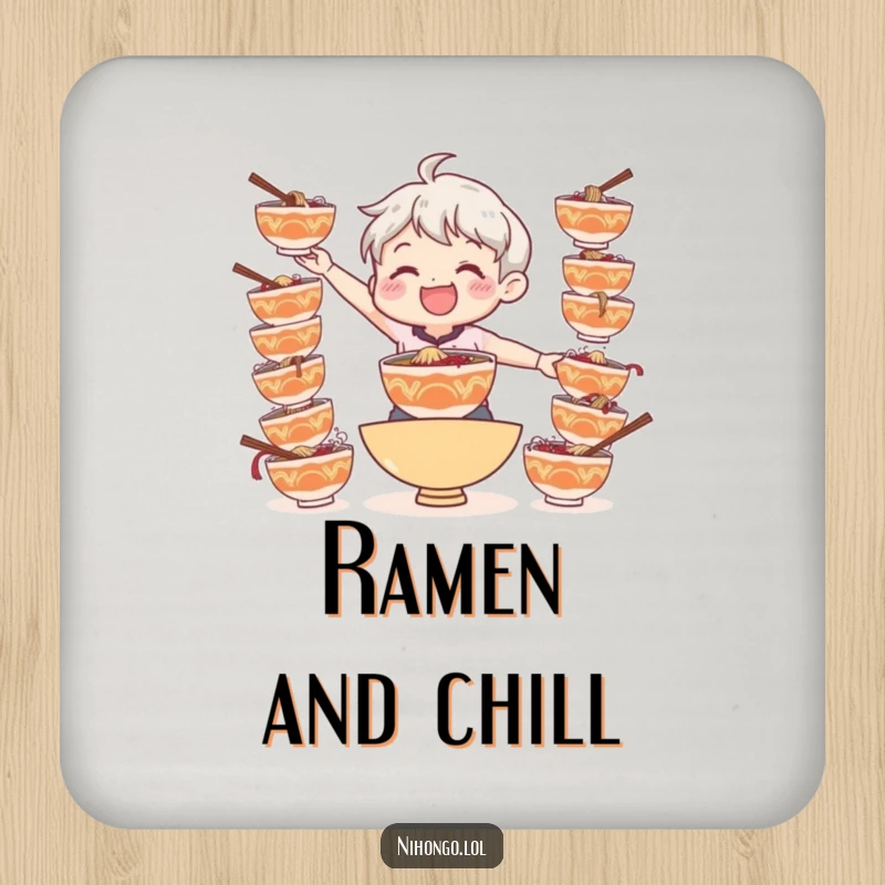 Funny drink coaster with a smiling character balancing multiple bowls of ramen, adding humor to any surface.