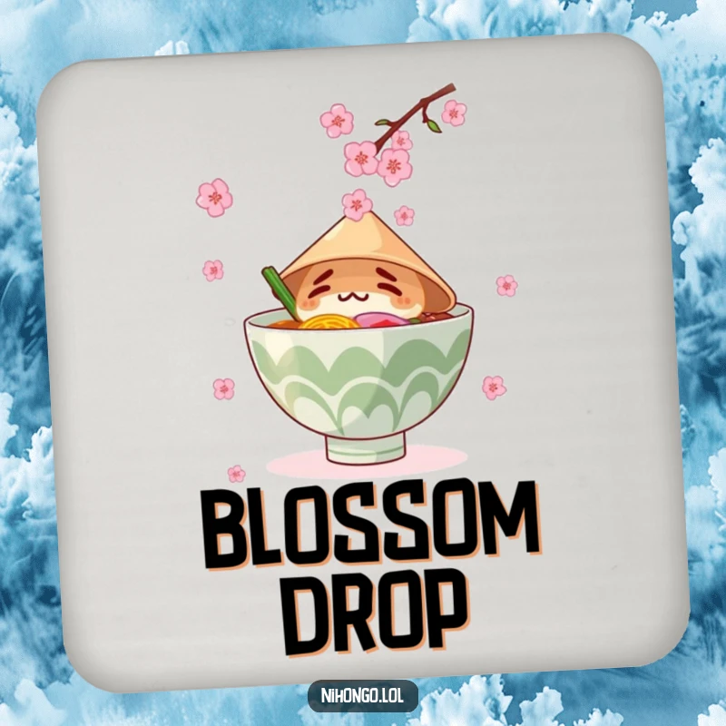 Funny coaster art of a ramen bowl in a conical hat, catching falling cherry blossoms, protecting surfaces with humor.