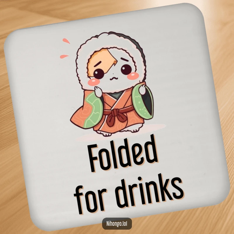 Funny drink coaster featuring a bewildered sushi roll in a kimono attempting origami. Protects surfaces with artistic and culinary humor.