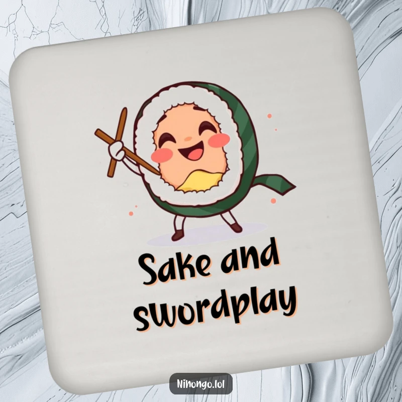 Funny drink coasters featuring a smiling sushi roll character performing a comedic sword dance with chopsticks, adding flair.
