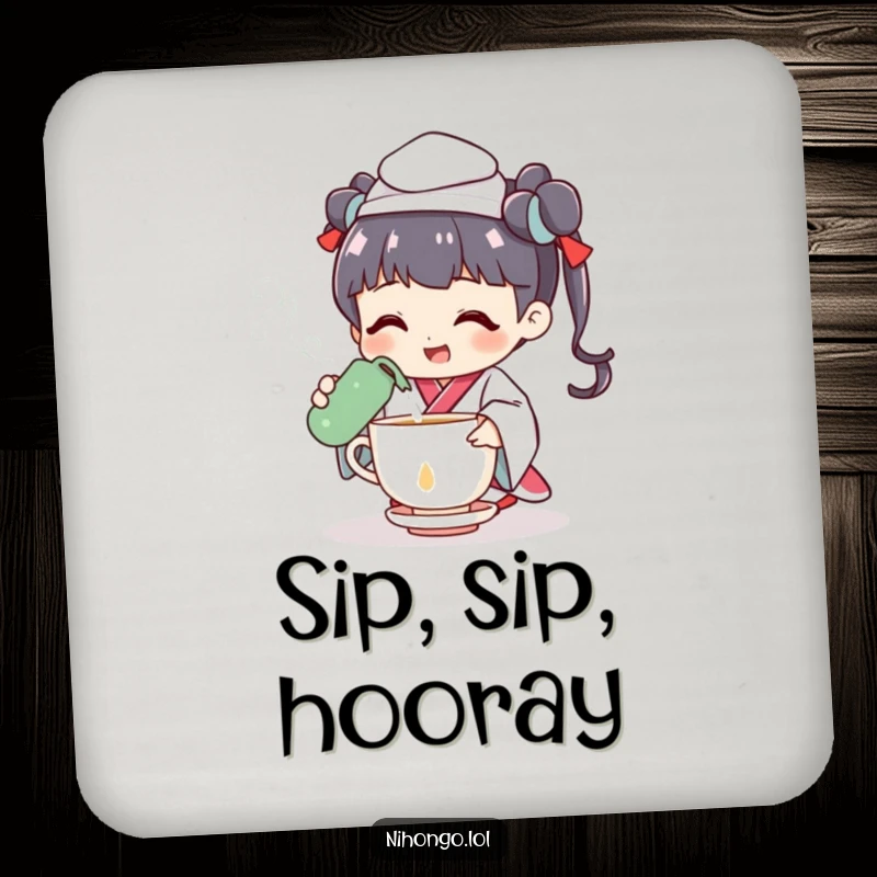 Funny drink coaster with a cheerful tea ceremony character pouring tea with a flourish, elegantly protective.