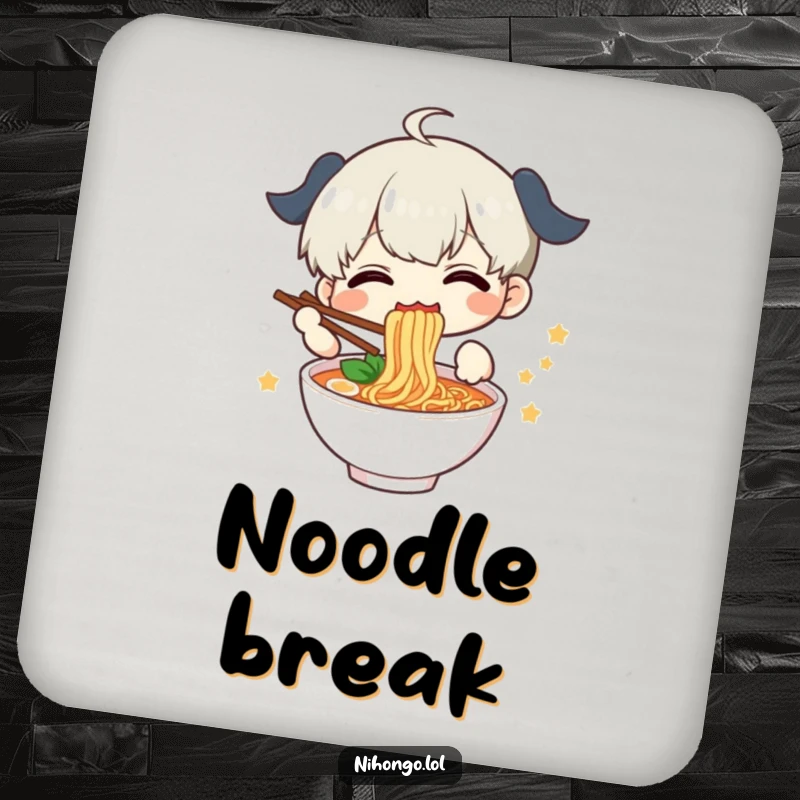 Funny Drink Coaster with a delighted character joyfully eating ramen, protecting surfaces with humor.