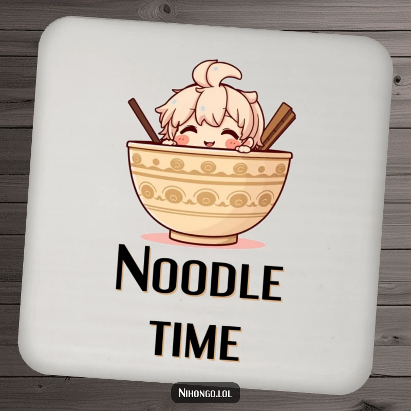Funny Ramen Coaster: Set of coasters featuring a character peeking over a ramen bowl, perfect for protecting surfaces with humor.