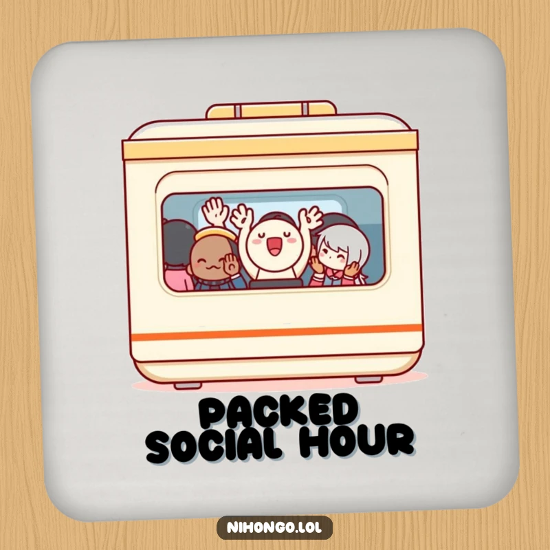 Funny Drink Coaster: A cheerful bento box with small arms waving from a crowded train, a humorous coaster for drinks.