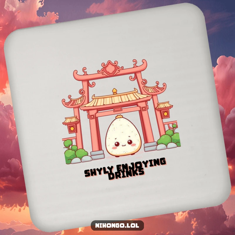 Funny Drink Coaster: A shy onigiri peeking from behind a temple gate, a humorous coaster for drinks.