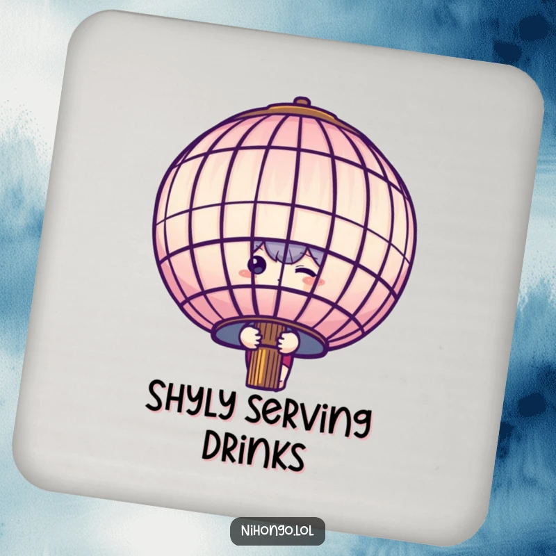 Funny shy character peeking from behind a large paper lantern, on a drink coaster, adds subtle charm to tabletops.
