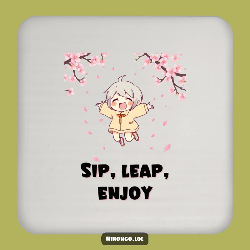 Funny Joyful Character Drink Coaster - Protect Surfaces with a Comical Cherry Blossom Leap