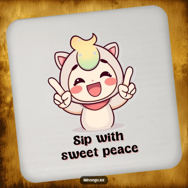 Funny drink coaster showcasing a cheerful character making a peace sign with expressive fingers, protecting tables with a touch of humor.