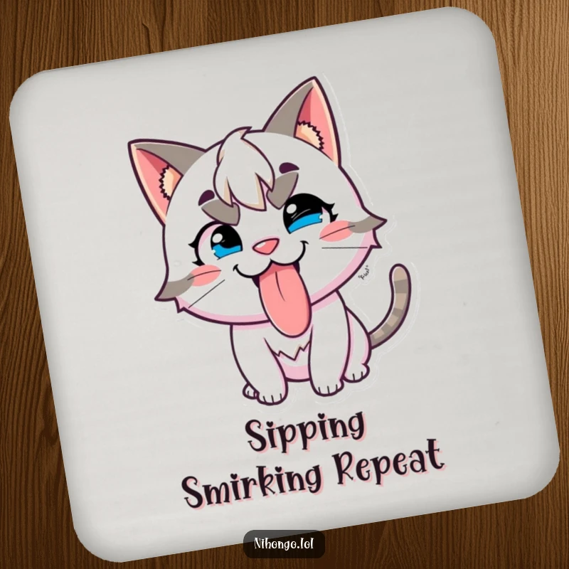 Funny drink coasters featuring a mischievous character with cat ears, sticking its tongue out playfully with a grin.