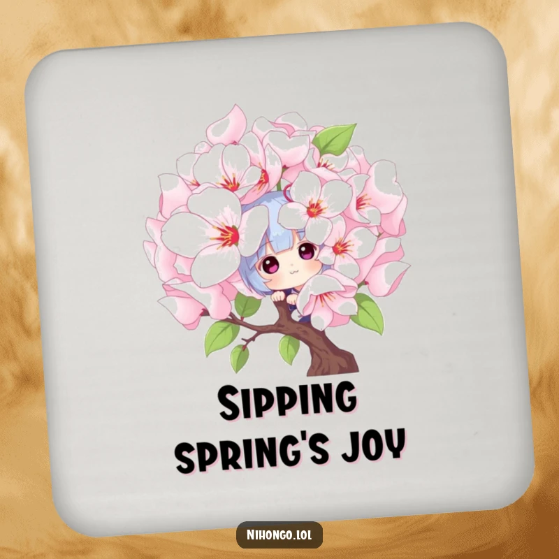 Funny peekaboo coaster: a playful character peeks from behind a large cherry blossom, protecting surfaces with charming and humorous design.