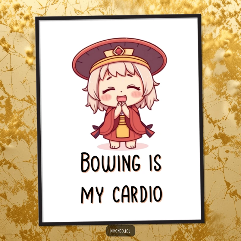 Funny poster art of a cute character in a traditional Japanese hat, bowing deeply with a joyful and welcoming attitude.