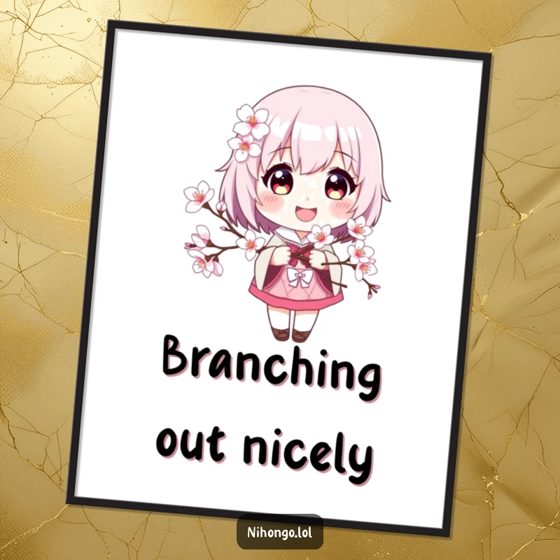 Funny poster showcasing a smiling character holding a beautiful cherry blossom branch, evoking feelings of peace and joy.