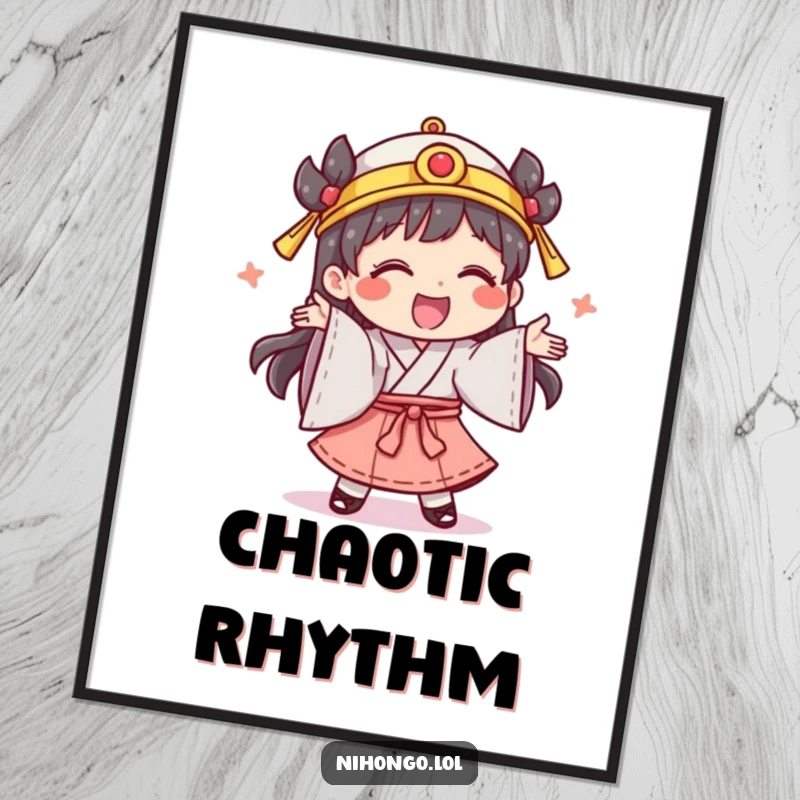 Funny poster of a giggling character in traditional clothing, performing a silly dance, conveying pure joy and festivity.