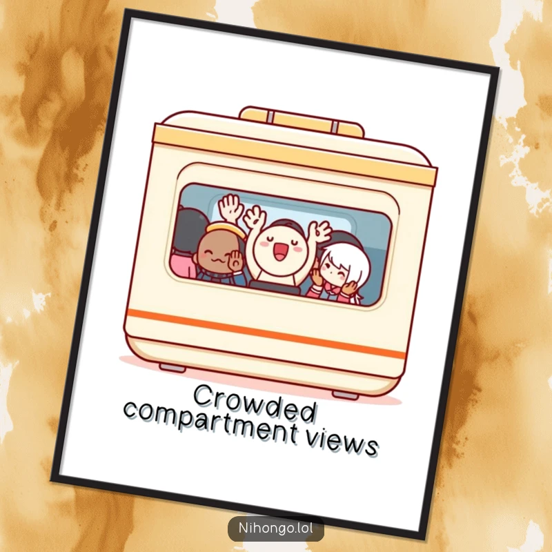 Funny Poster: A happy bento box with small arms waving energetically from a very crowded train, capturing a humorous travel experience.